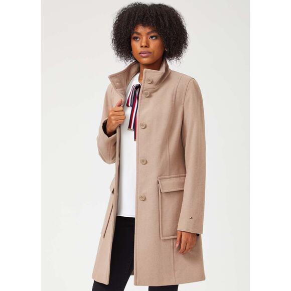 TOMMY HILFIGER Women's High-Neck Wool-Blend Over Coat Small Camel/Tan NWT - Picture 1 of 13
